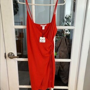 402. Revamped Bright Orange Ruched Side Slip Dress